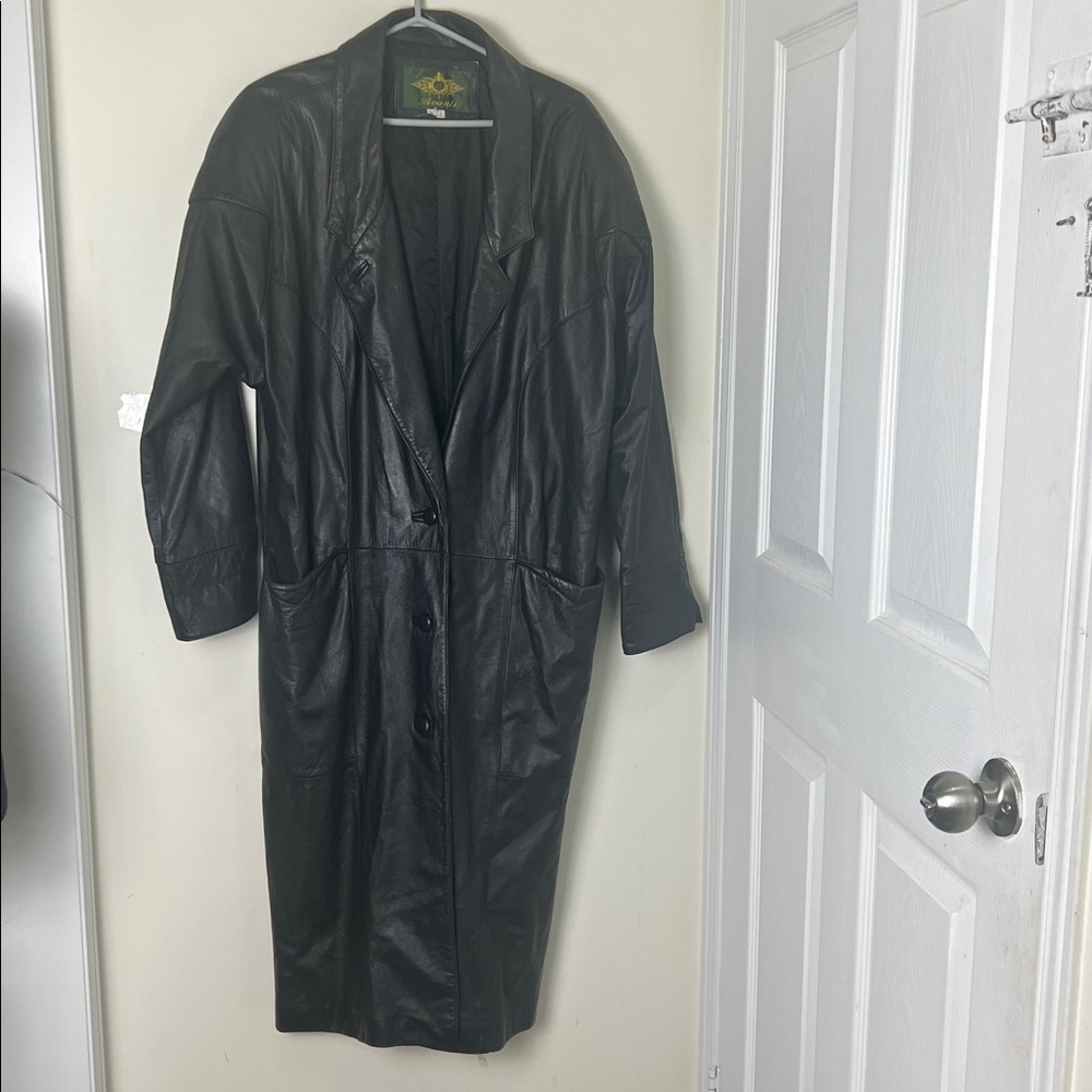 Vintage Avanti Timeless Black Leather Trench Jacket Coat Oversized Large